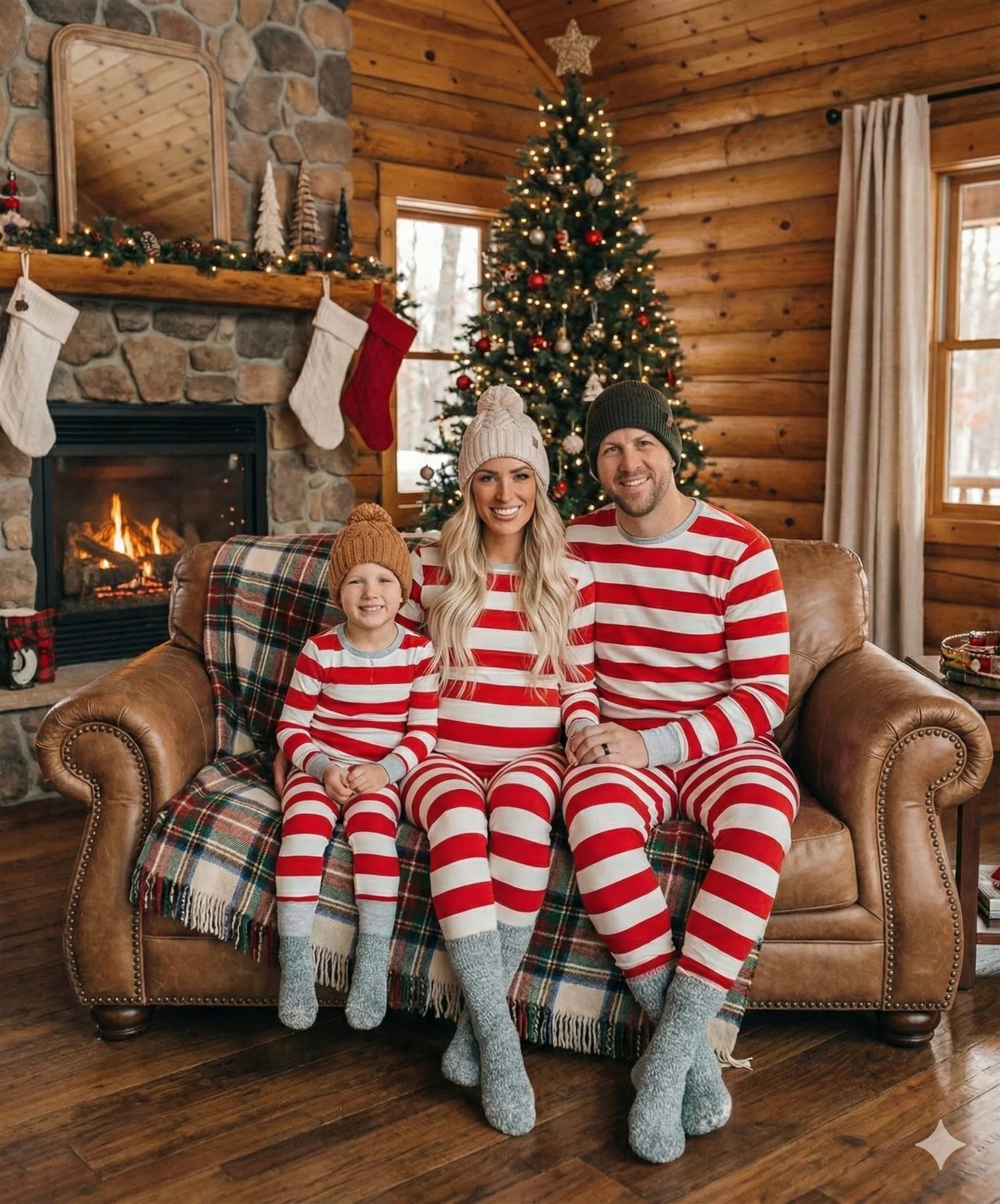 Holiday Candy Cane Striped Matching Family Christmas Pajamas with Dog Bandana
