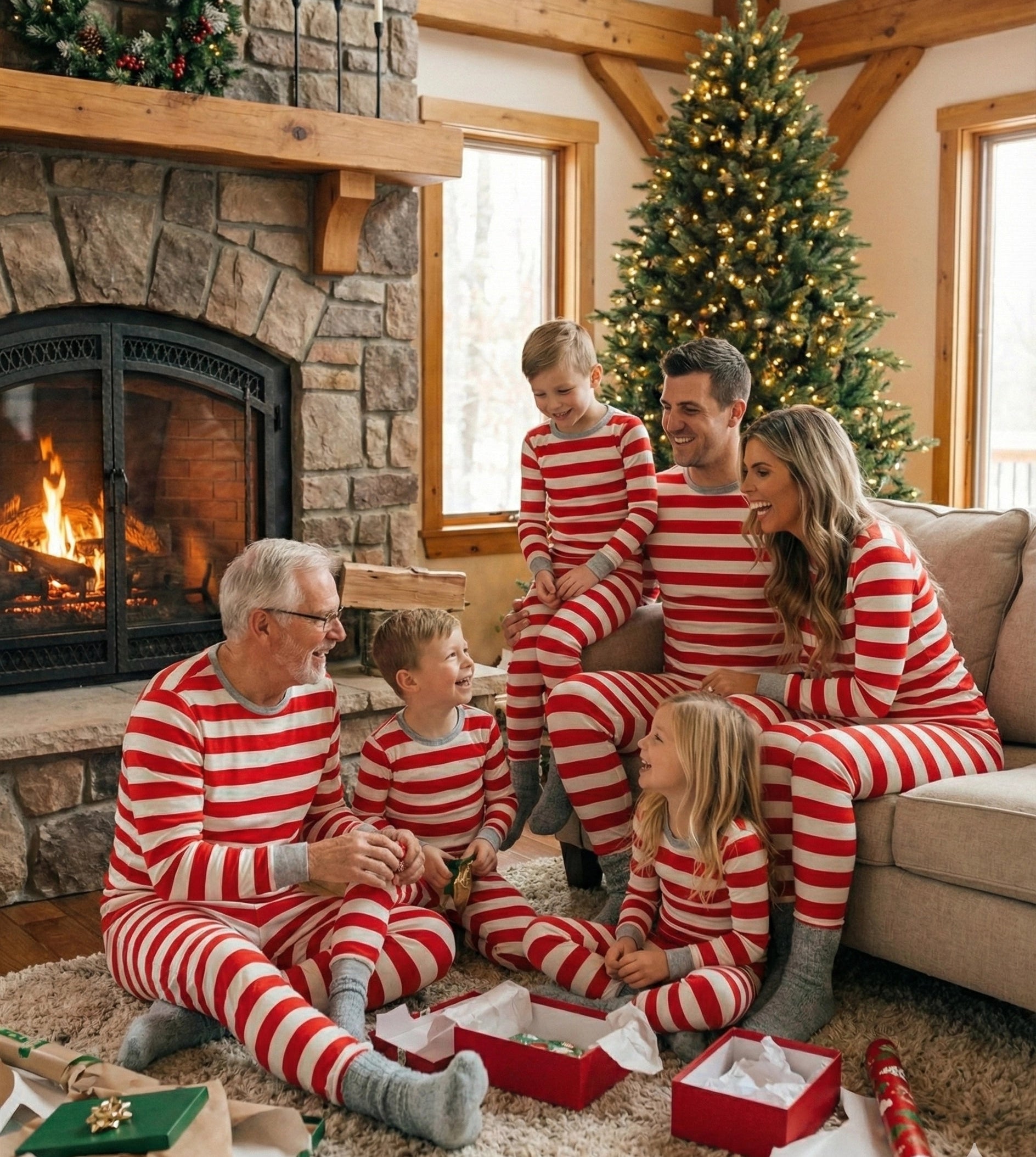 Holiday Red and White Striped Matching Family Christmas Pajamas with Dog Bandana