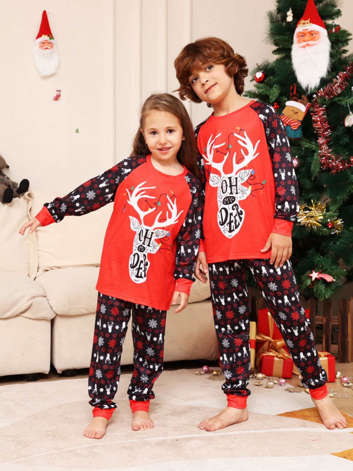 Red Christmas Snow Deer Matching Family Christmas Pajamas (Dog Pajamas Included)