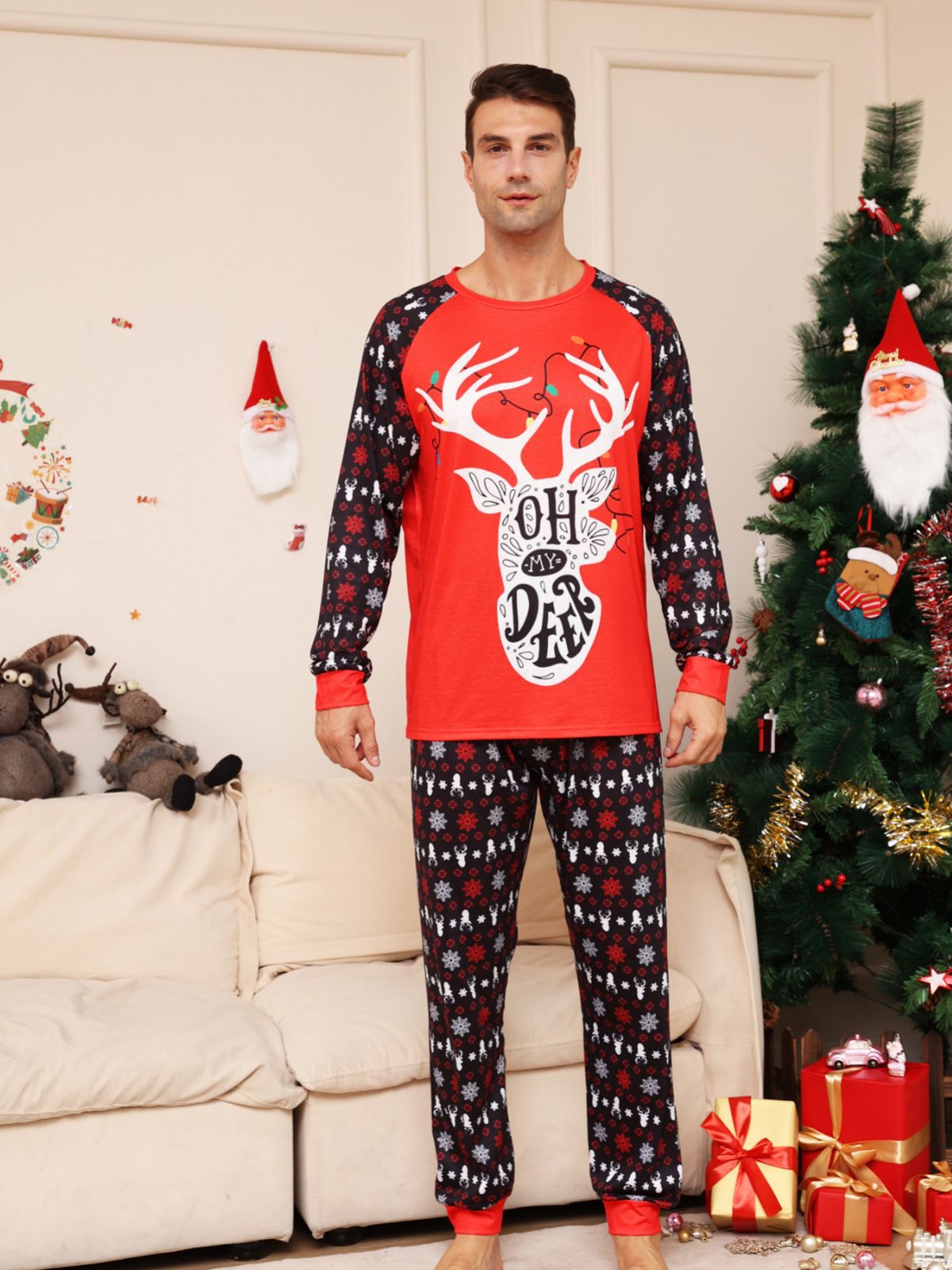 Red Christmas Snow Deer Matching Family Christmas Pajamas (Dog Pajamas Included)