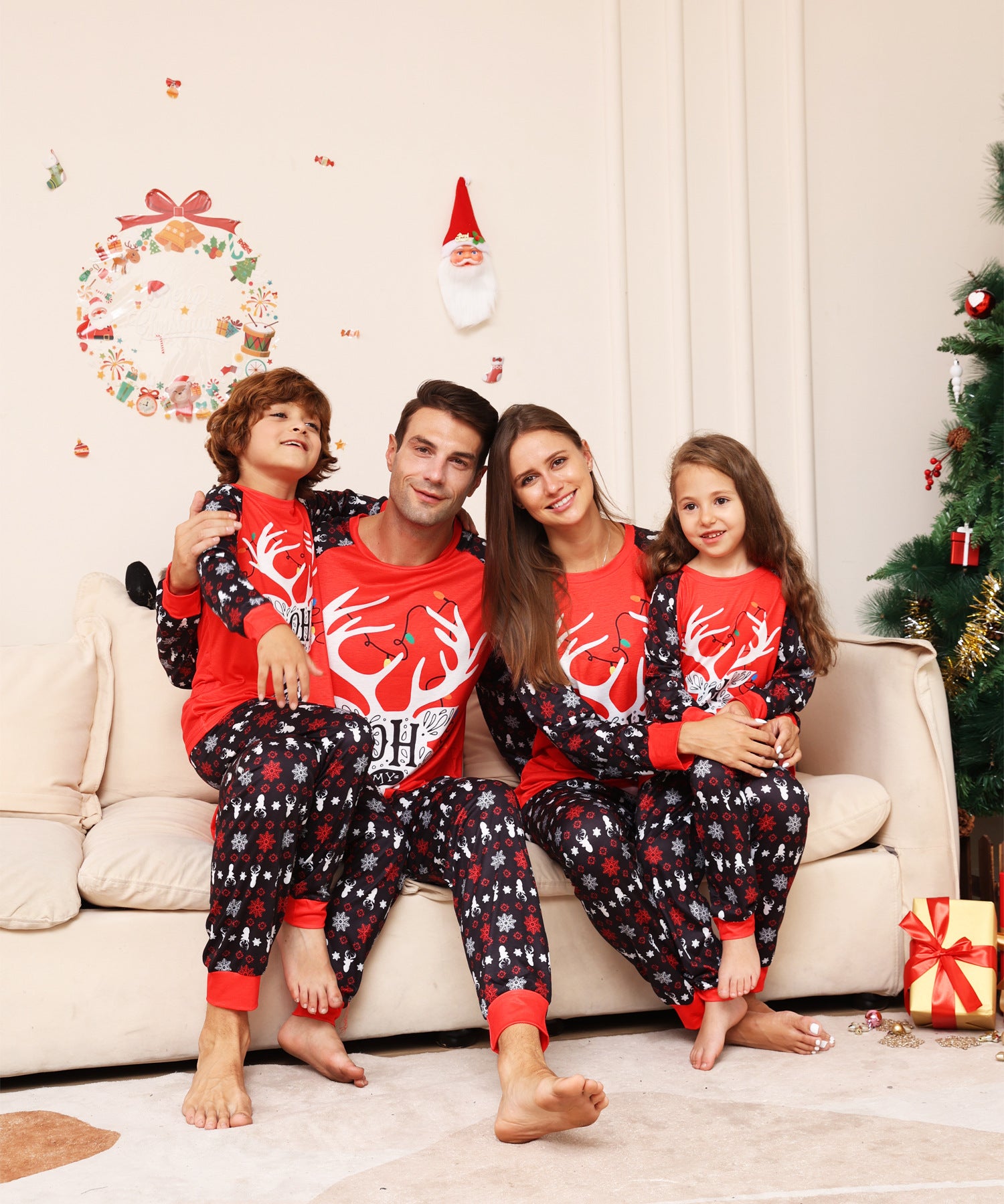 Red Christmas Snow Deer Matching Family Christmas Pajamas (Dog Pajamas Included)