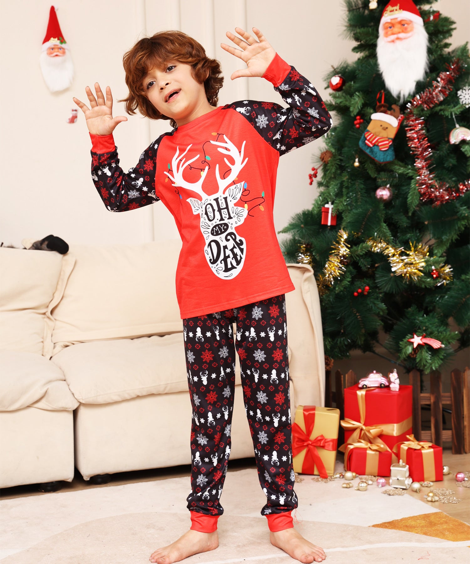 Red Christmas Snow Deer Matching Family Christmas Pajamas (Dog Pajamas Included)