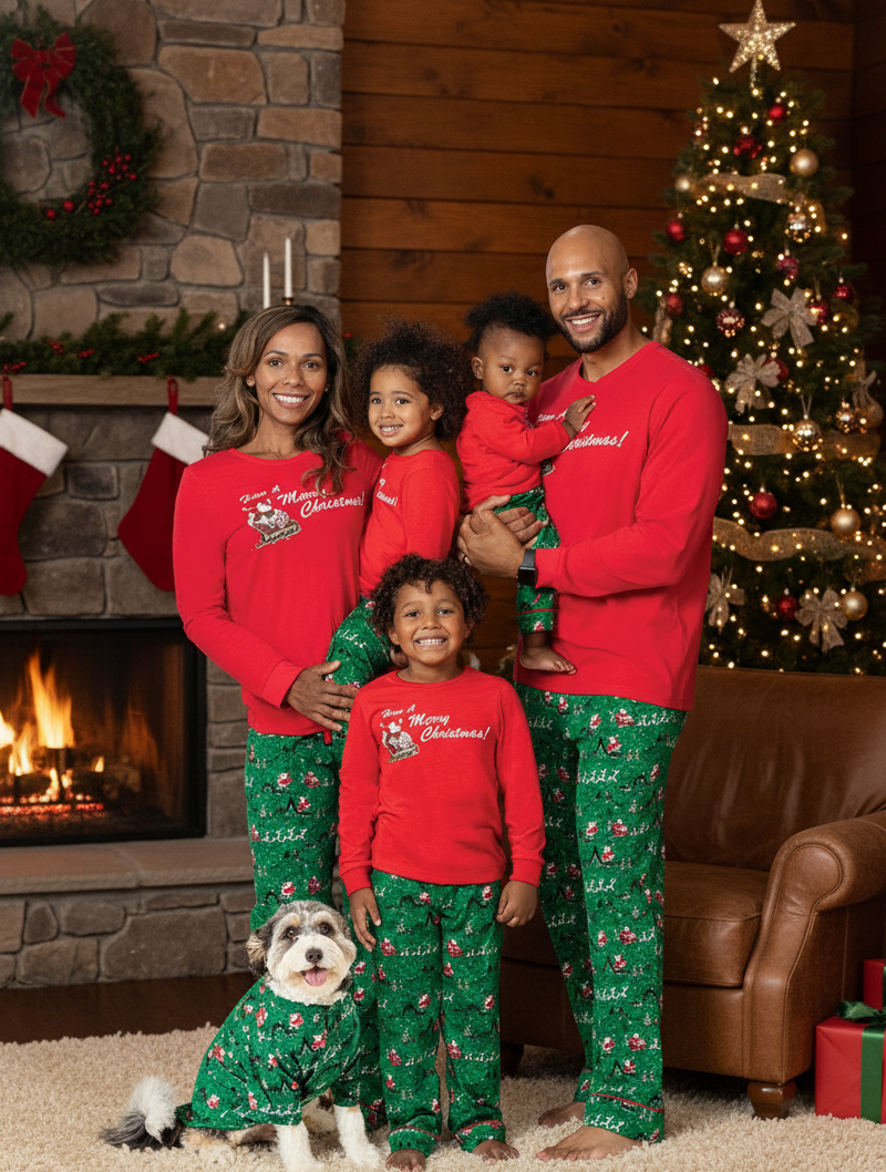 Red and Green Snowman Print Matching Family Christmas Pajamas-Dog Pajamas Included
