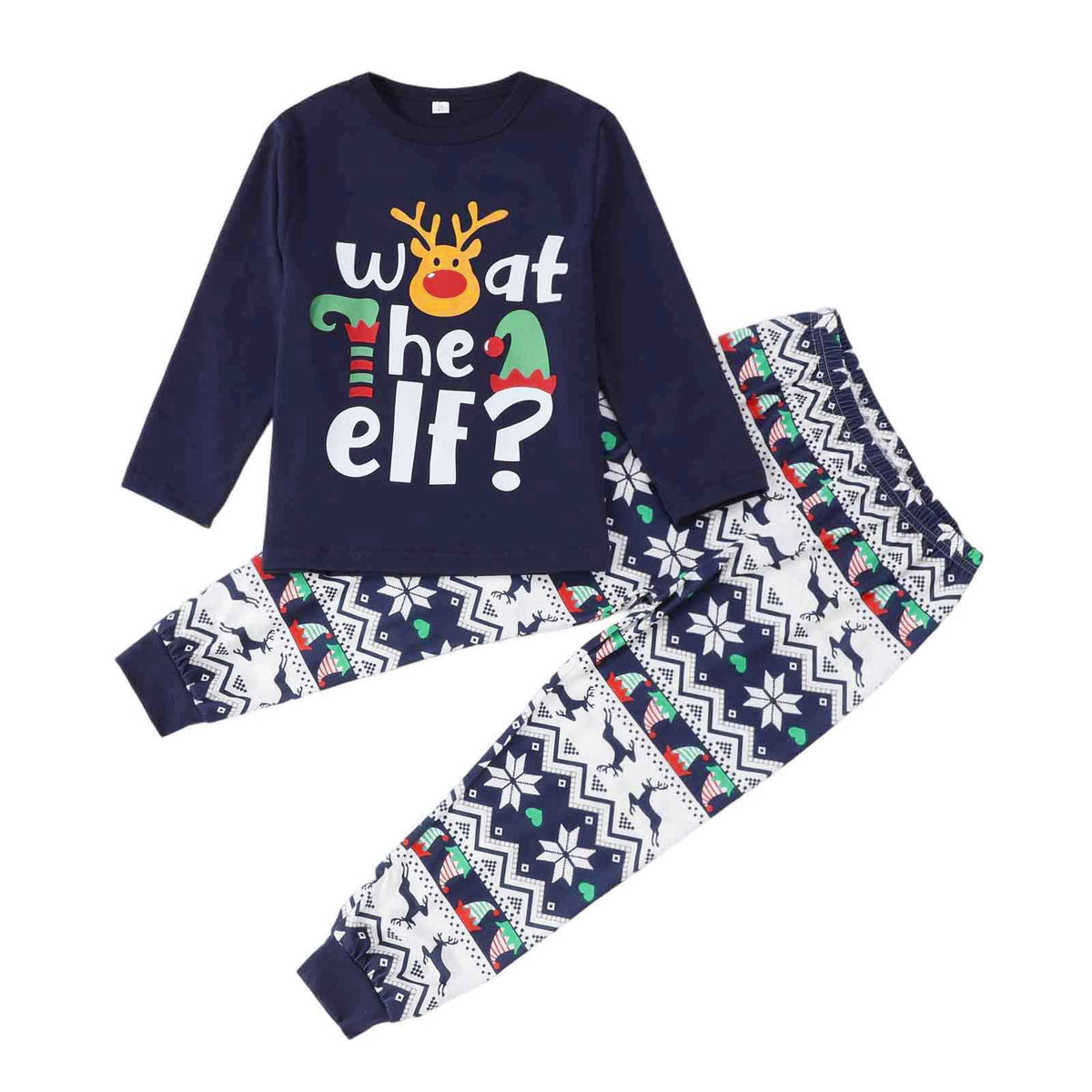 Blue Elk Elf Christmas Pajamas Print Detail – Festive Holiday Elk Elf Print Close-Up