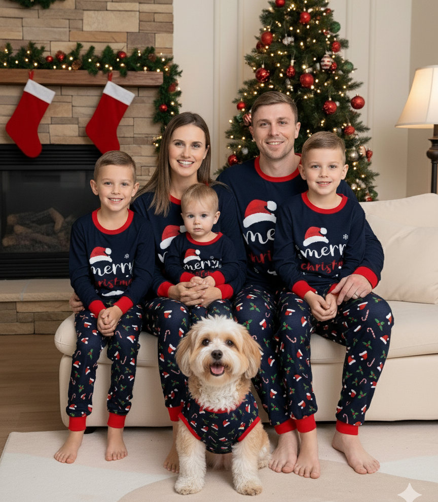 Blue Holiday Christmas Pajamas Family Photo – Cozy Holiday Sleepwear for the Whole Family