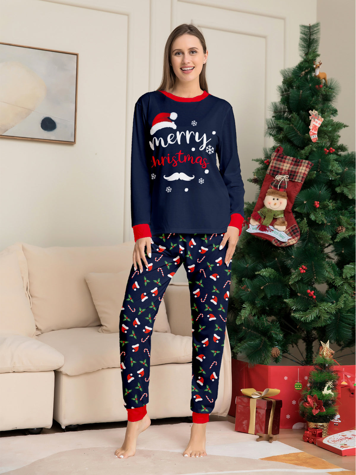Blue Holiday Christmas Pajamas Print Detail – Festive Holiday Print Close-Up