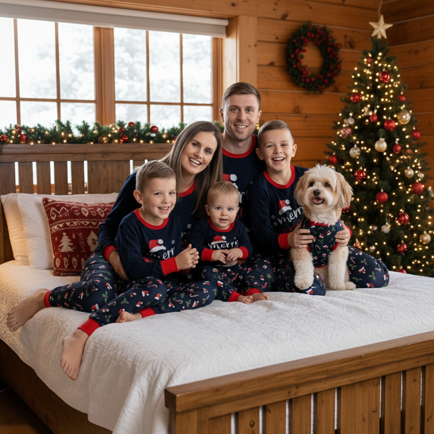 Blue Holiday Family Christmas Pajamas – Adults and Kids Matching Holiday Sleepwear Lifestyle