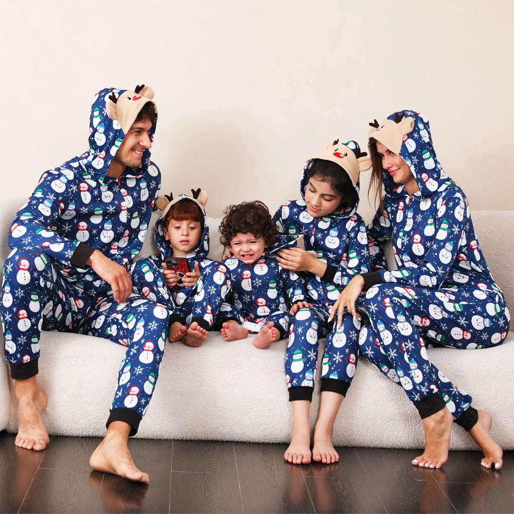 Blue Snowman Family Christmas Onesies – Adults and Kids Matching Holiday Sleepwear Lifestyle