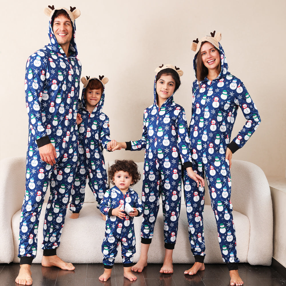 Blue Snowman Matching Family Christmas Pajamas Onesies – Holiday Sleepwear Main View