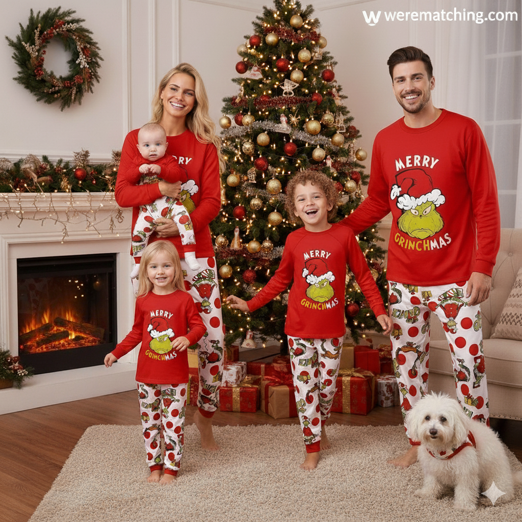 Red Top with Holiday Character Print Pants Matching Family Christmas Pajamas| Adults, Kids & Pets