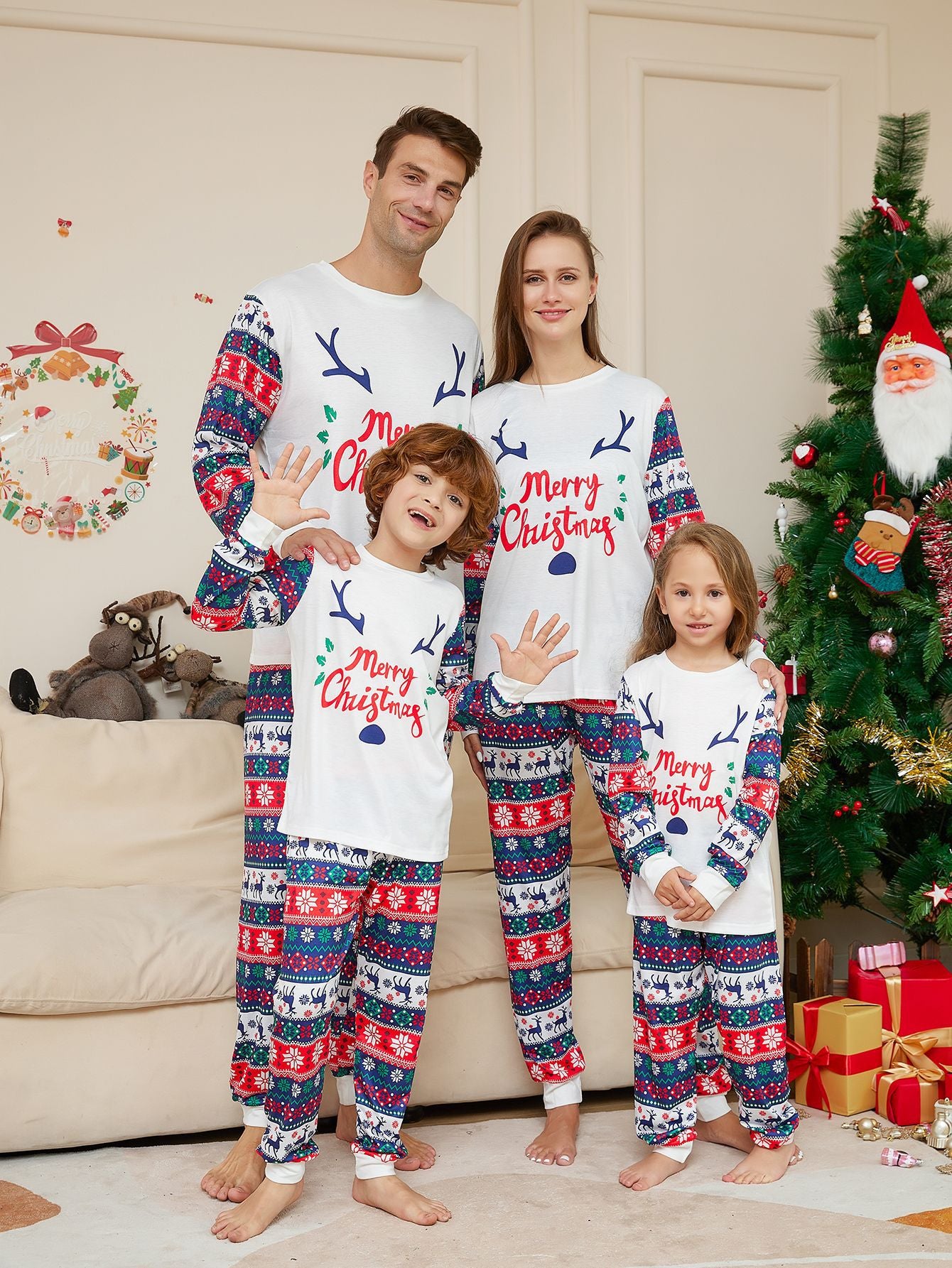 Christmas Checkered Deer Matching Family Christmas Pajamas with Dog Set – Holiday Sleepwear Main View