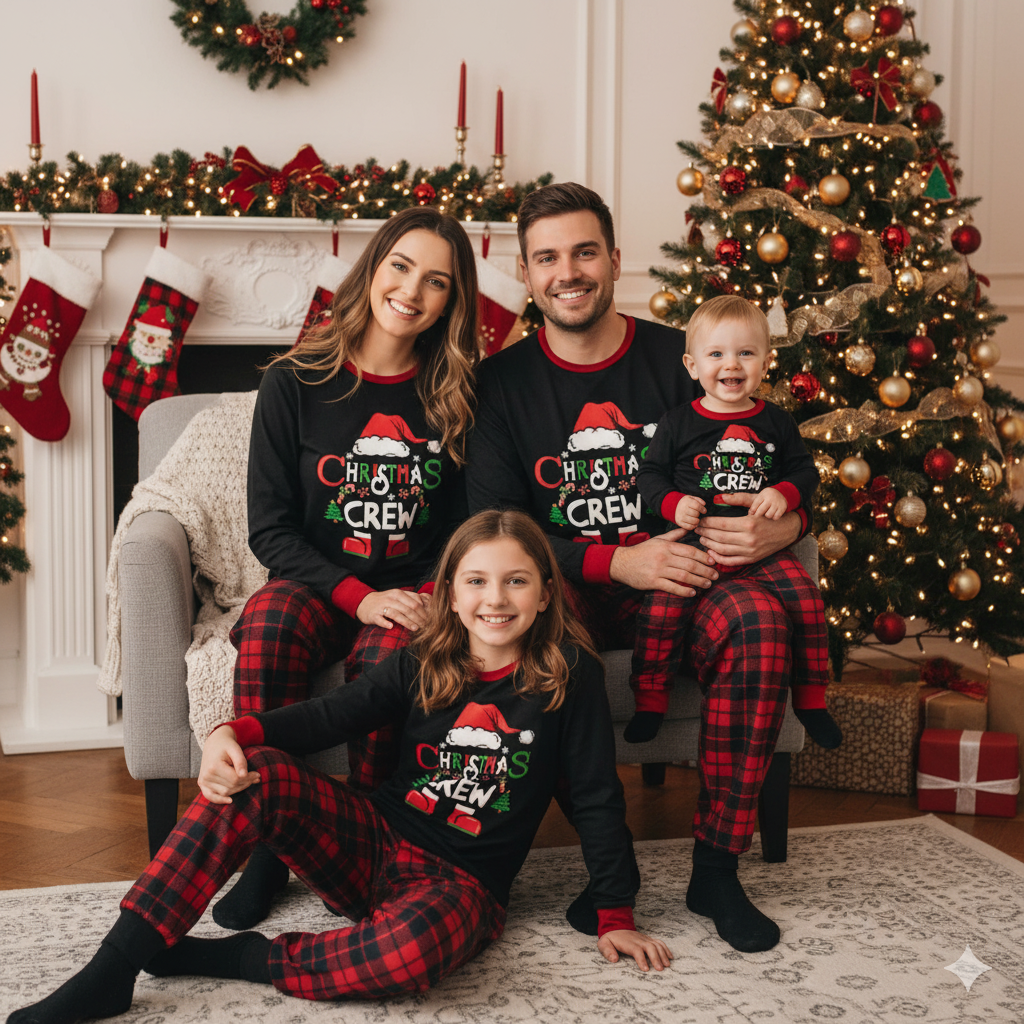 Christmas Crew Print Family Pajamas with Dog Pajamas Included – Complete Matching Set