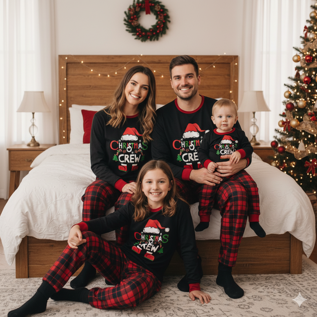Christmas Crew Print Matching Family Pajamas with Dog Set – Holiday Sleepwear Main View