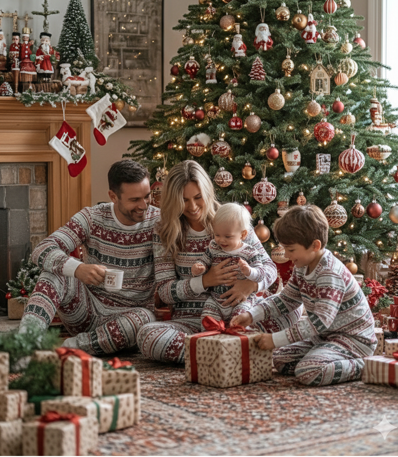 Christmas Fair Isle Family Pajamas – Adults and Kids Matching Holiday Sleepwear Lifestyle