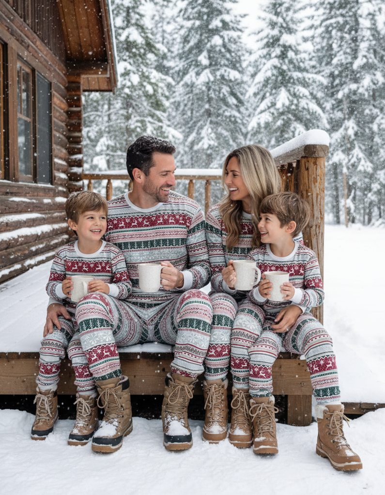 Christmas Print Family Matching Pajamas Flat Lay – Complete Set with Dog Pajamas
