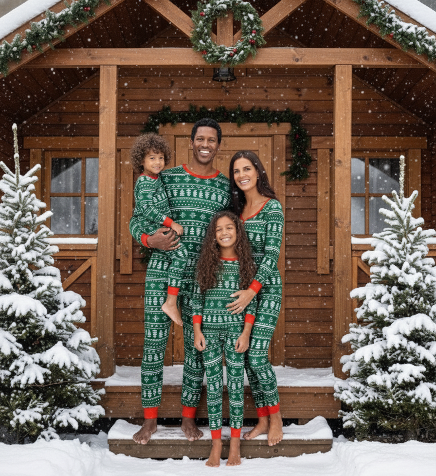 Cute Green Christmas Tree Matching Family Christmas Pajamas with Dog Set – Holiday Sleepwear Main View