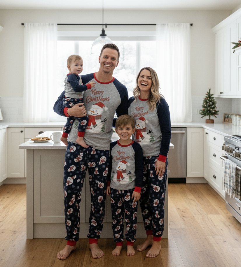 Cute Snowman Christmas Pajamas Size Chart – Adults Kids Baby and Dog Sizes Available