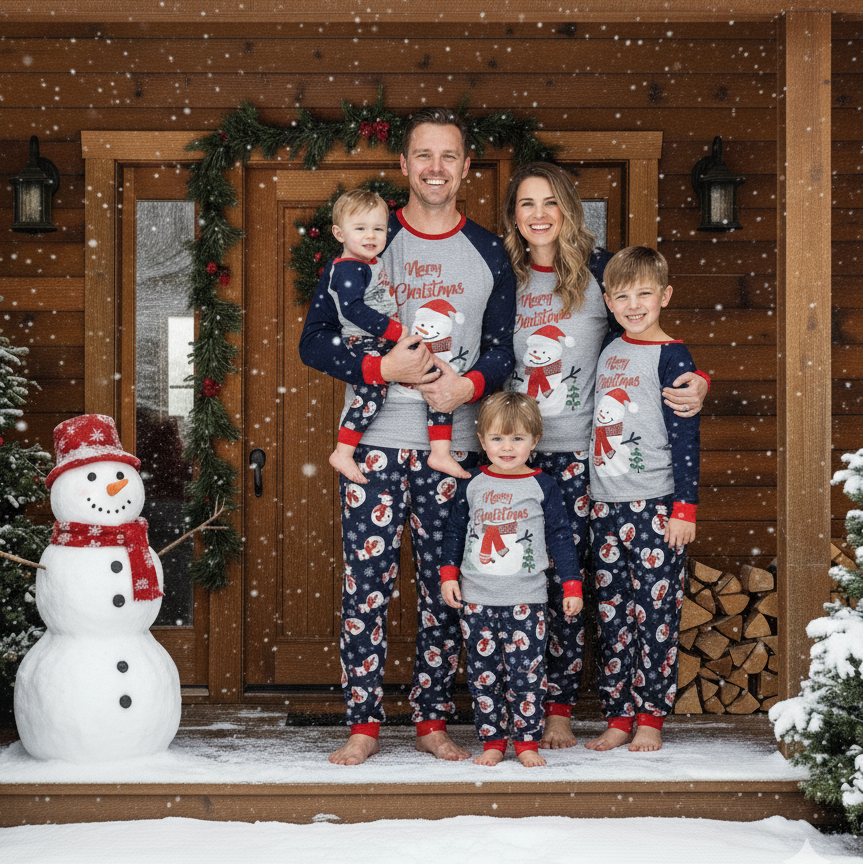 Cute Snowman Pattern Matching Family Christmas Pajamas Sets – Holiday Sleepwear Main View
