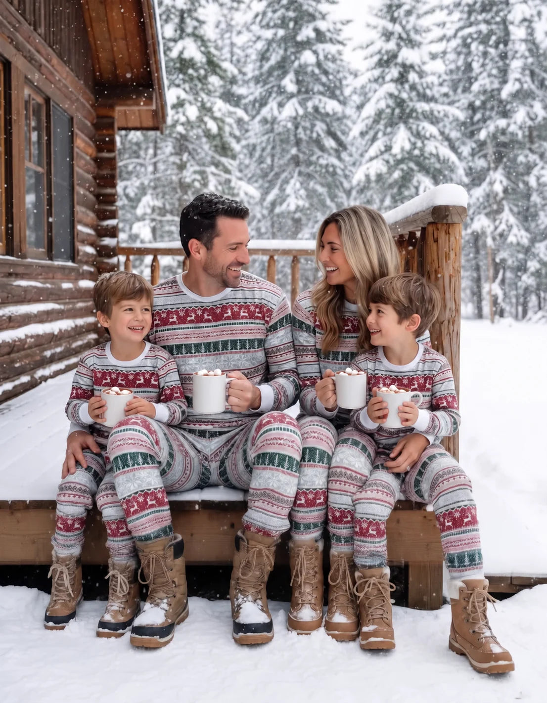 Family of four wearing red, green and white Fair Isle Christmas pajamas, holding white mugs outside a snowy log cabin.