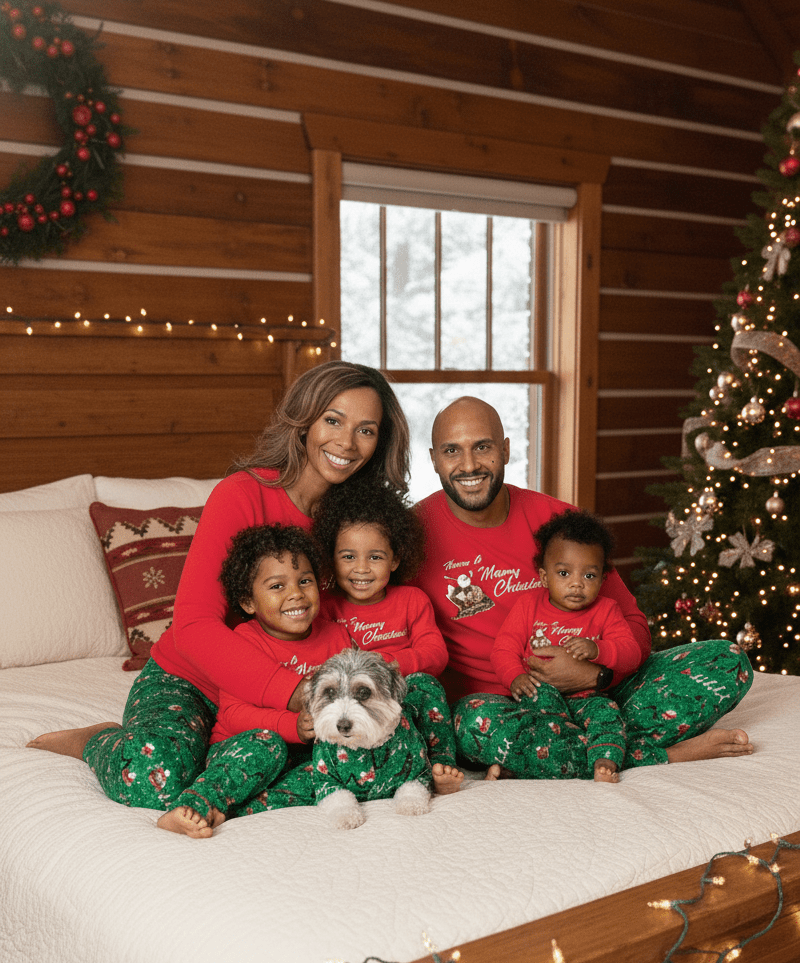 Famiglia abbracciata con un cane sul letto di una baita, con maglie rosse Merry Christmas e pigiami verdi a stampa festiva.