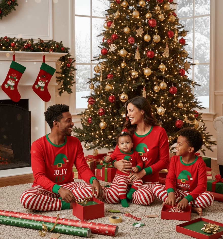 Famiglia che incarta regali accanto a un albero con maglie rosse con elfo e pantaloni del pigiama a righe rosse e bianche con bordi verdi.