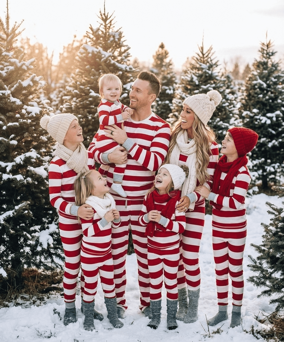 Genitori e quattro bambini tra alberi sempreverdi innevati, in pigiami natalizi a righe rosse e bianche e berretti lavorati a maglia.
