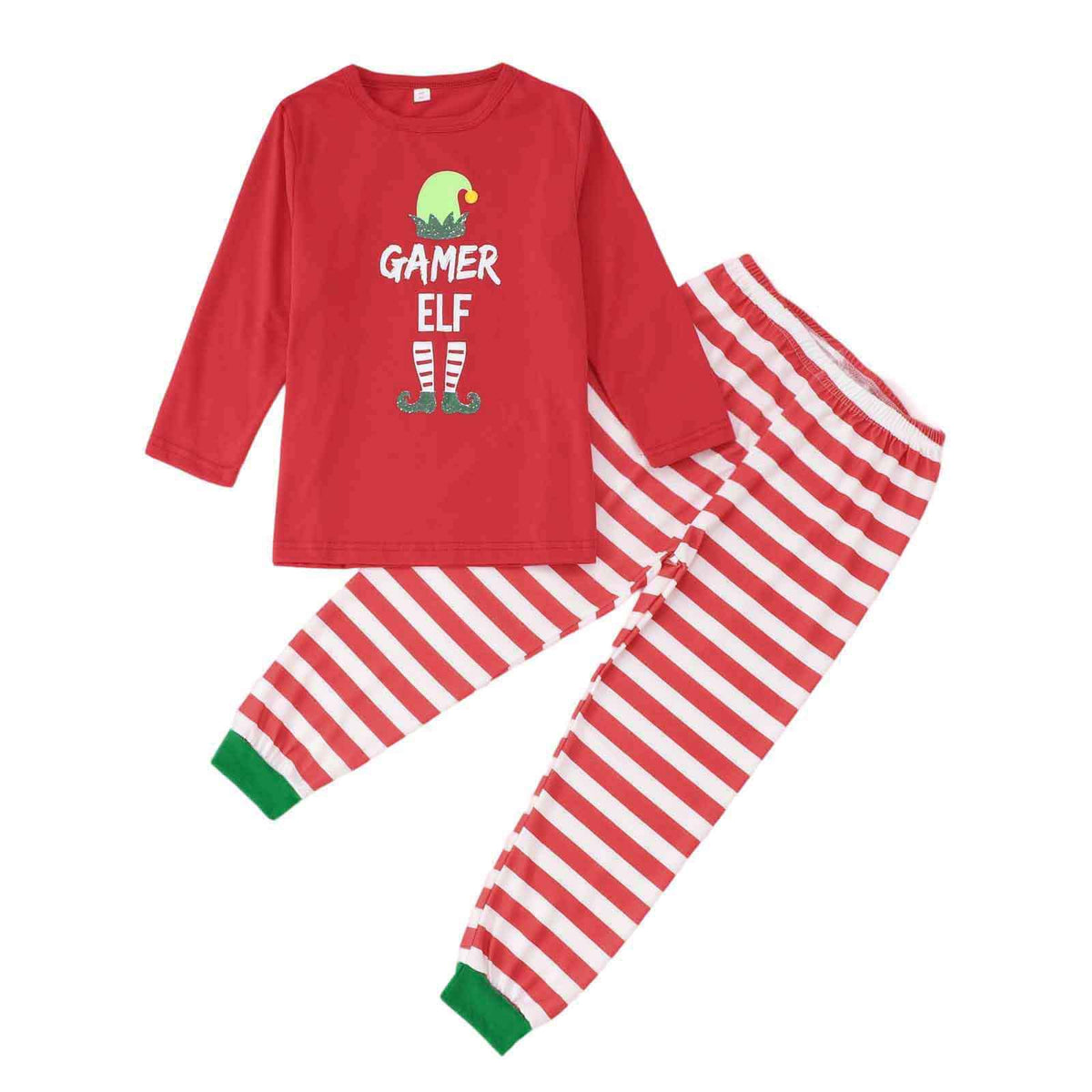 Maglia rossa Gamer Elf del pigiama e pantaloni a righe rosse e bianche con bordi verdi alle caviglie, disposti in piano su sfondo bianco.