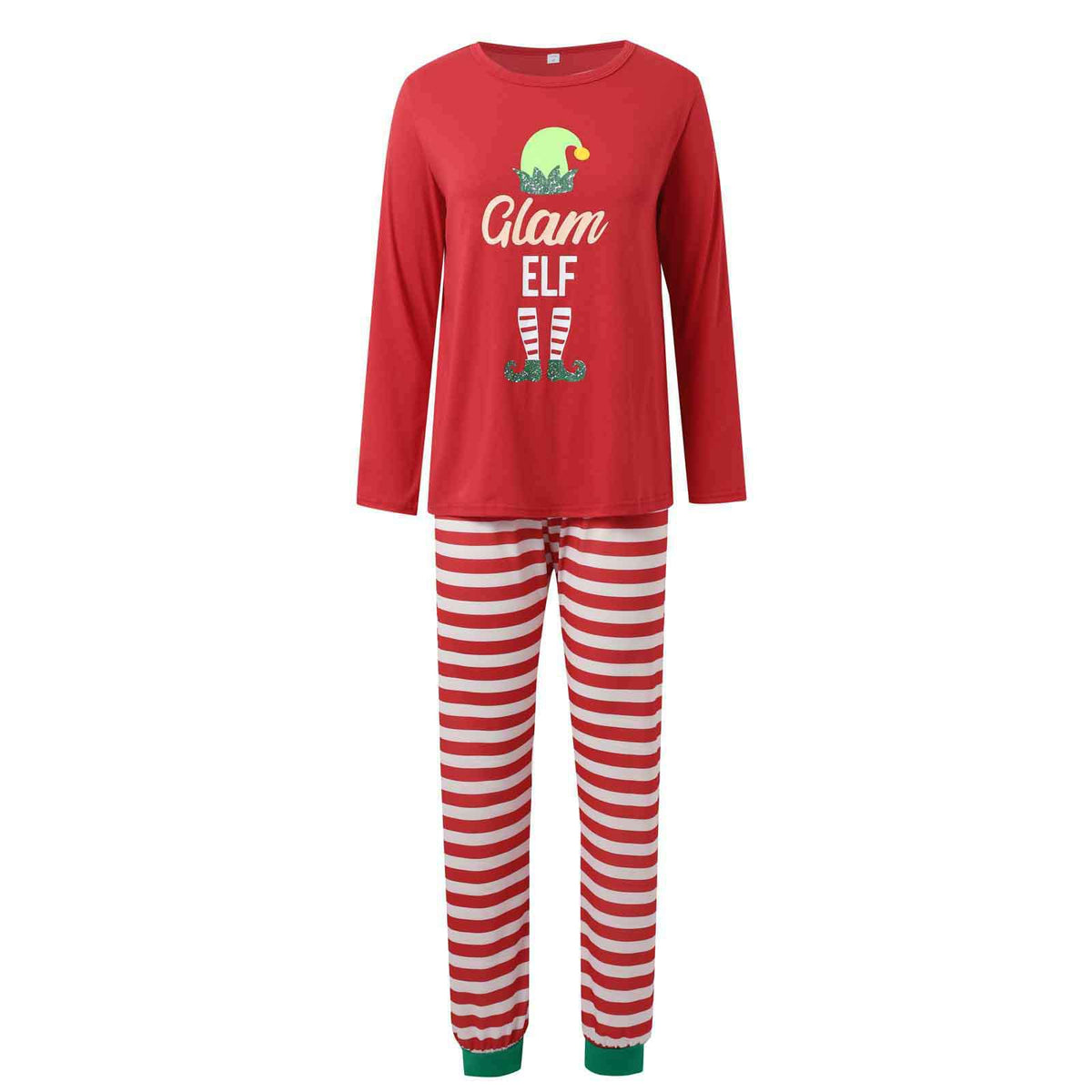 Maglia rossa a maniche lunghe del pigiama Glam Elf e pantaloni a righe rosse e bianche con bordi verdi alle caviglie, su sfondo bianco.