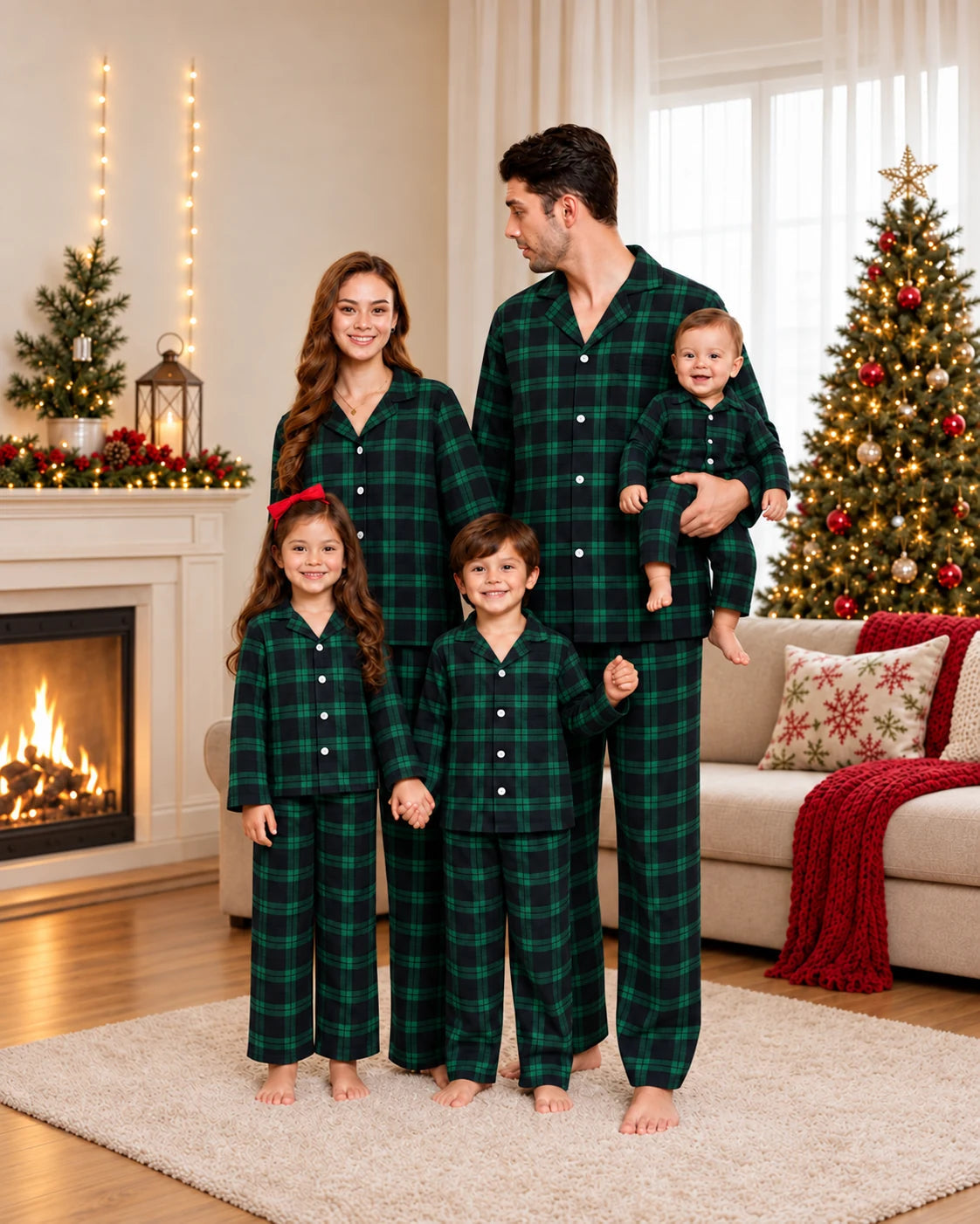 Family of five in green and black plaid pajamas, with a baby wearing a matching romper.