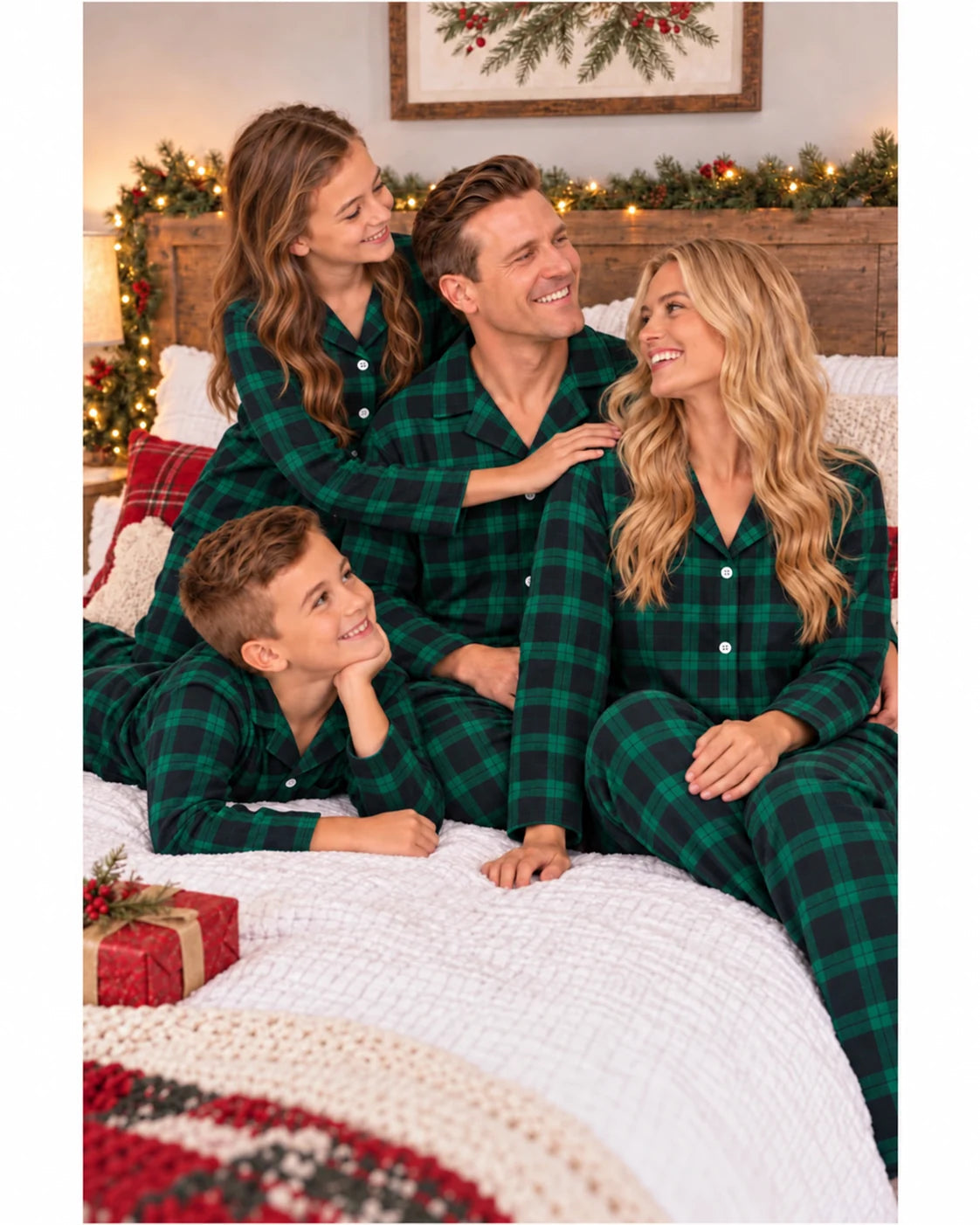 Family wearing green and black plaid pajamas gathered together on a bed with Christmas garland.