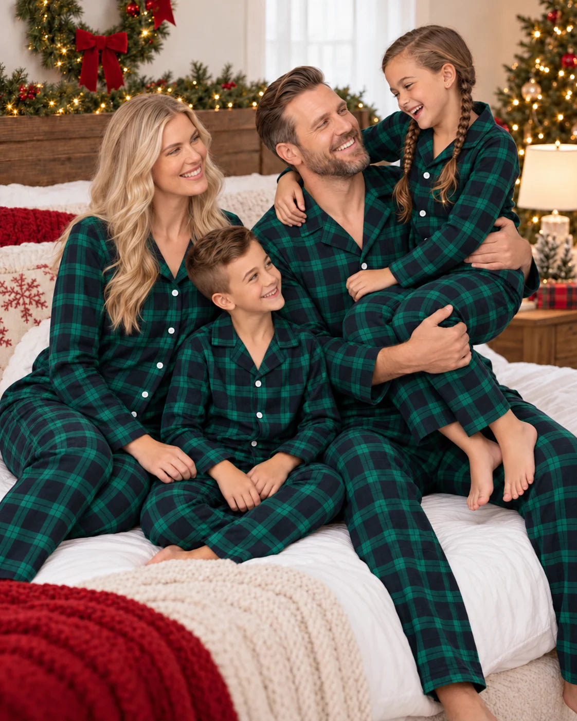 Family in green and black plaid pajamas on a bed, with the father holding his daughter.