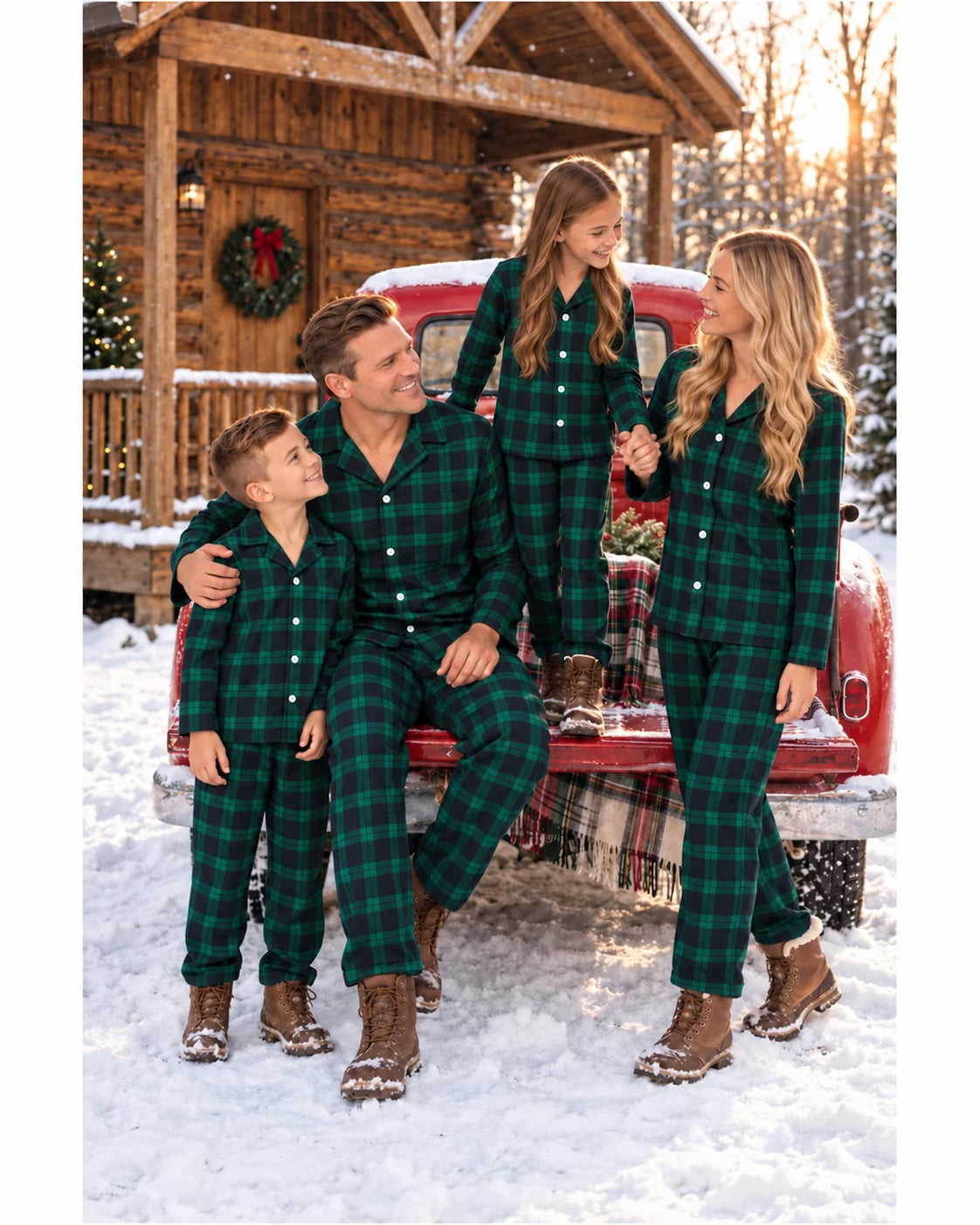 Family in green and black plaid pajamas gathered at a red truck tailgate outside a snowy cabin.