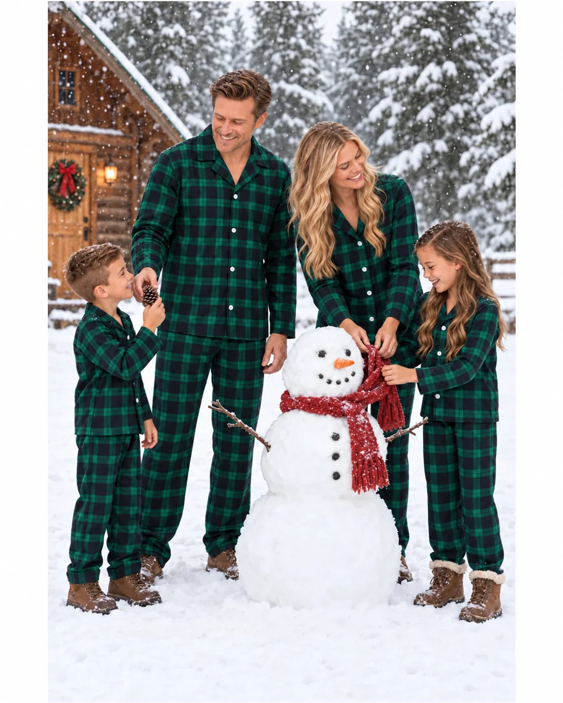 Family in green and black plaid pajamas gathered around a snowman outside a wooden cabin.