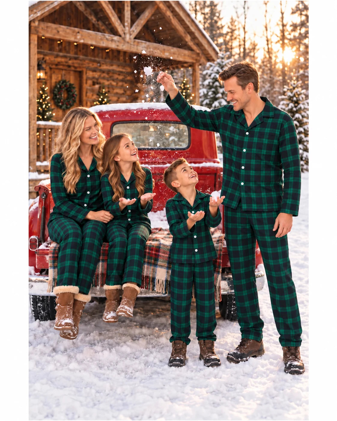 Father tosses snow as the family wears green and black plaid pajamas beside a red truck.