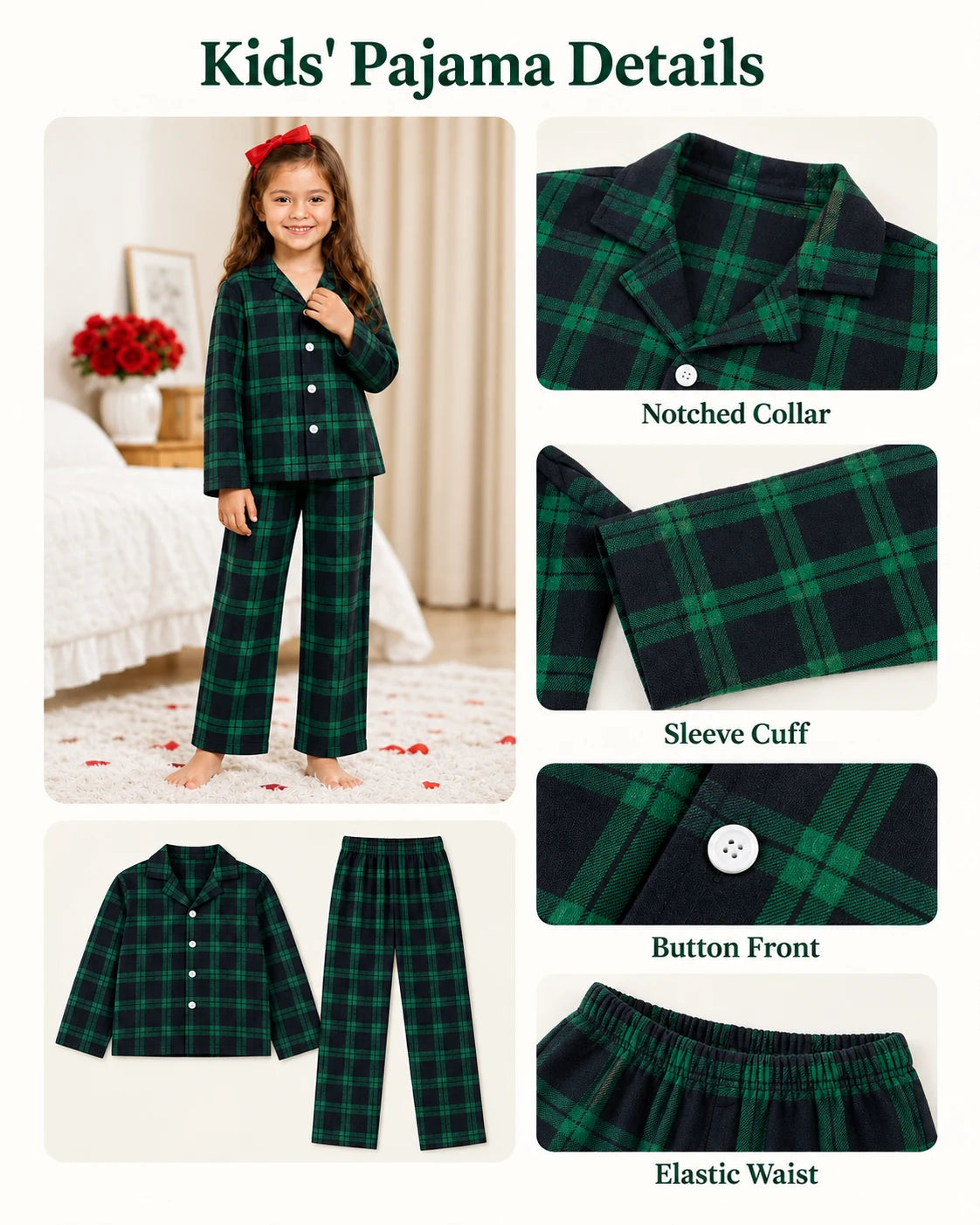 Kids' green and black plaid pajamas with close-ups of the notched collar, sleeve cuff, buttons and elastic waist.