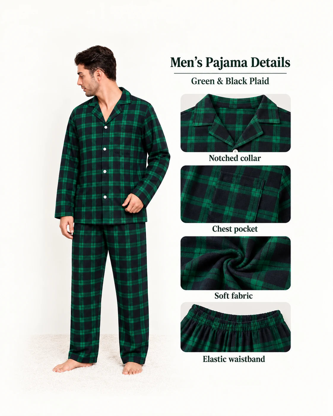 Men's green and black plaid pajamas with close-ups of the collar, chest pocket, fabric and elastic waist.