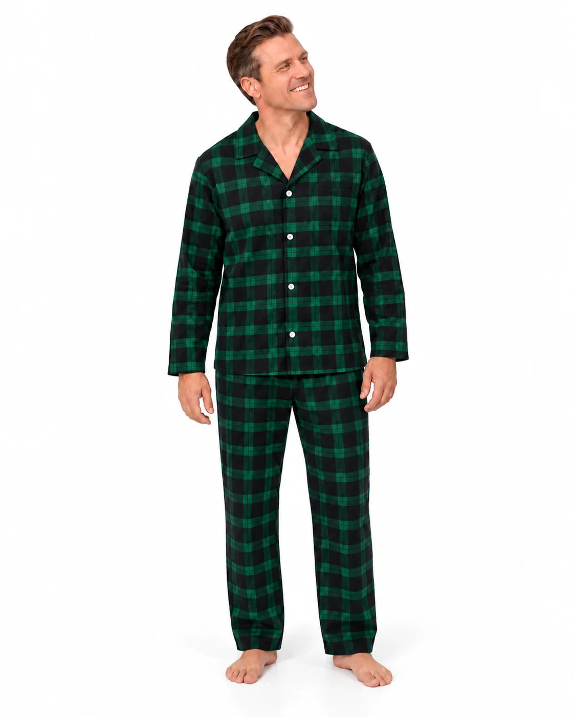 Man modeling a green and black plaid button-front pajama shirt and long pants, front view.