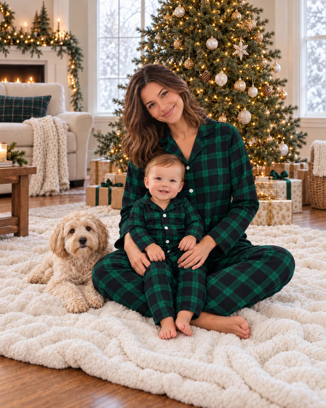 Mother and baby in green and black plaid pajamas seated beside a dog and decorated Christmas tree.