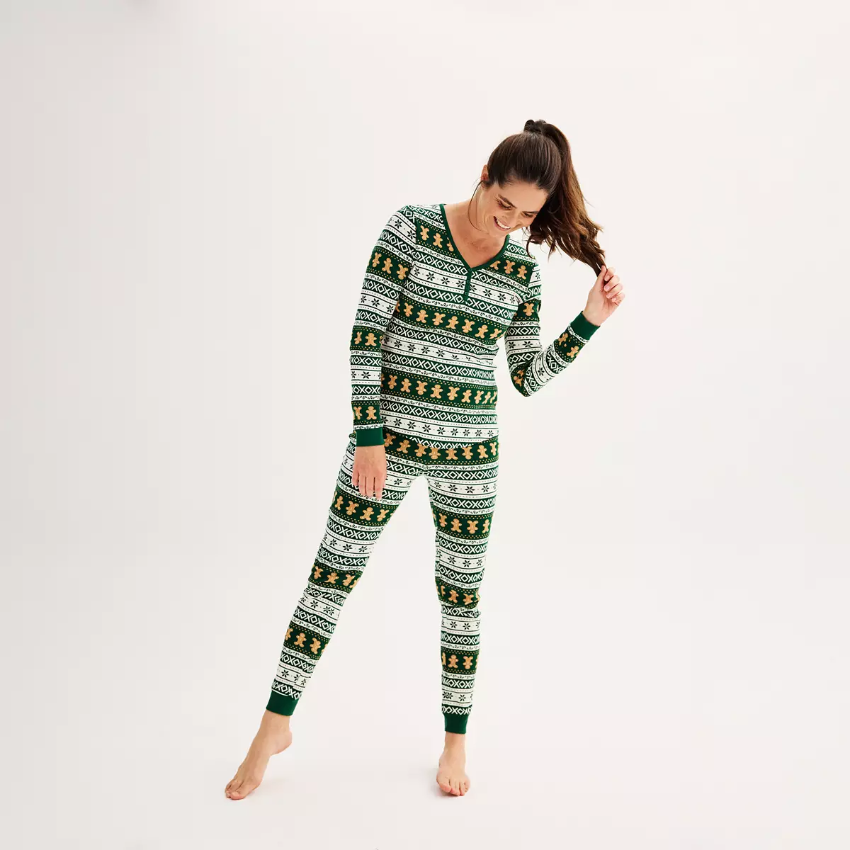 Green Gingerbread Christmas Pajamas Women – Adults Matching Holiday Sleepwear