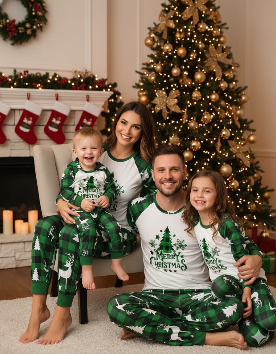 Green Plaid Christmas Tree Pattern Family Matching Pajamas with Dog Clothes – Holiday Sleepwear Main View