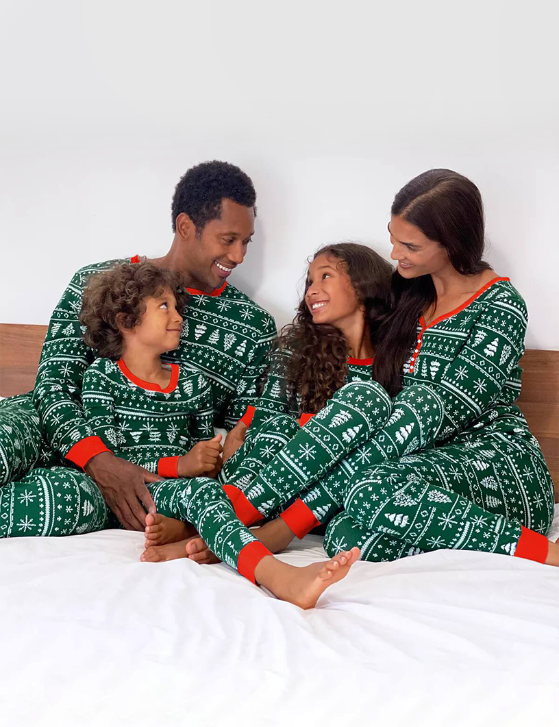 Green Reindeer Christmas Pajamas Size Chart – Adults Kids Baby and Dog Sizes Available