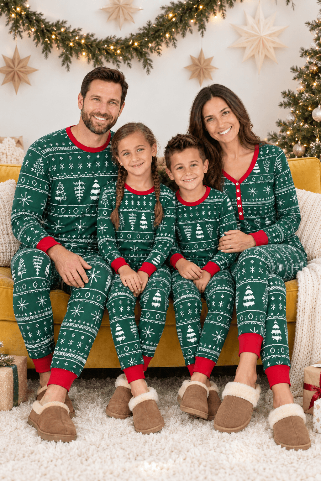 Genitori e due bambini seduti insieme su un divano, in pigiami natalizi verdi coordinati con alberi e fiocchi di neve bianchi e bordi rossi.