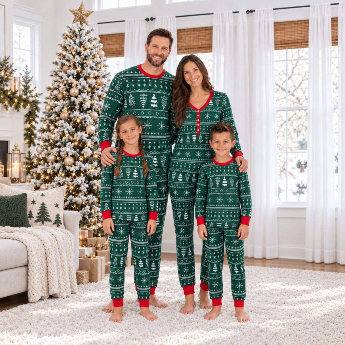 Genitori e due bambini in piedi accanto a un albero di Natale, in pigiami verdi con alberi e fiocchi di neve bianchi e polsini rossi.