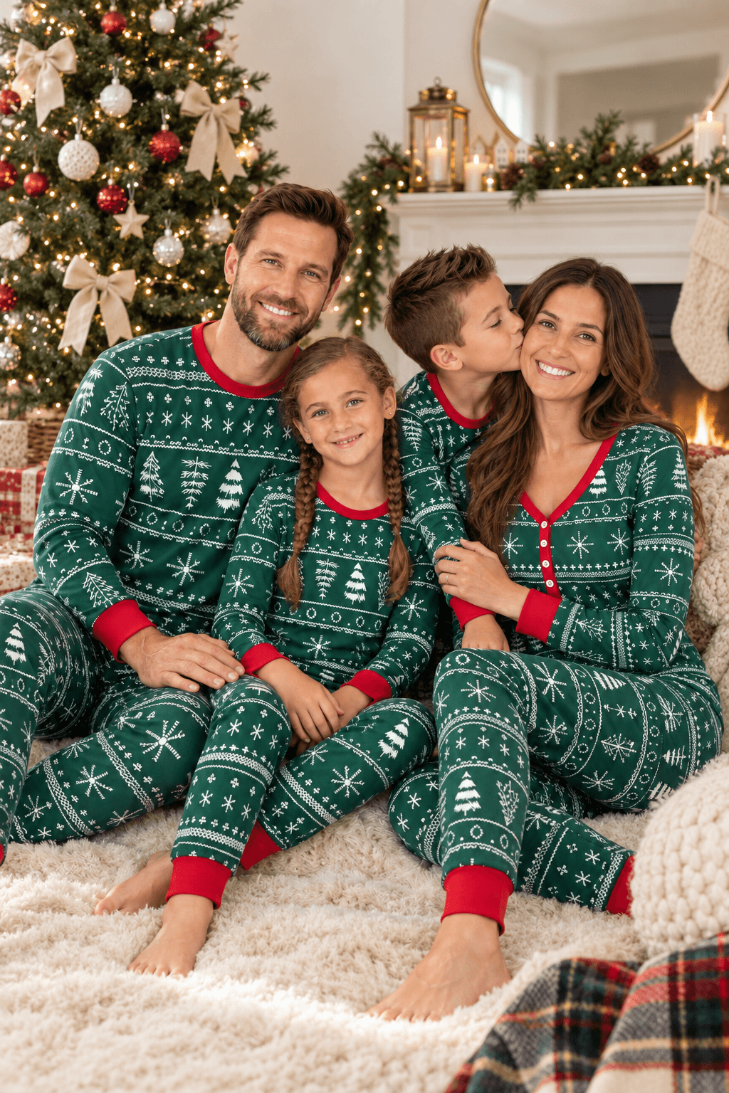 Parents and two boys cuddling beside a Christmas tree in matching green pajamas with white tree and snowflake patterns and red cuffs.