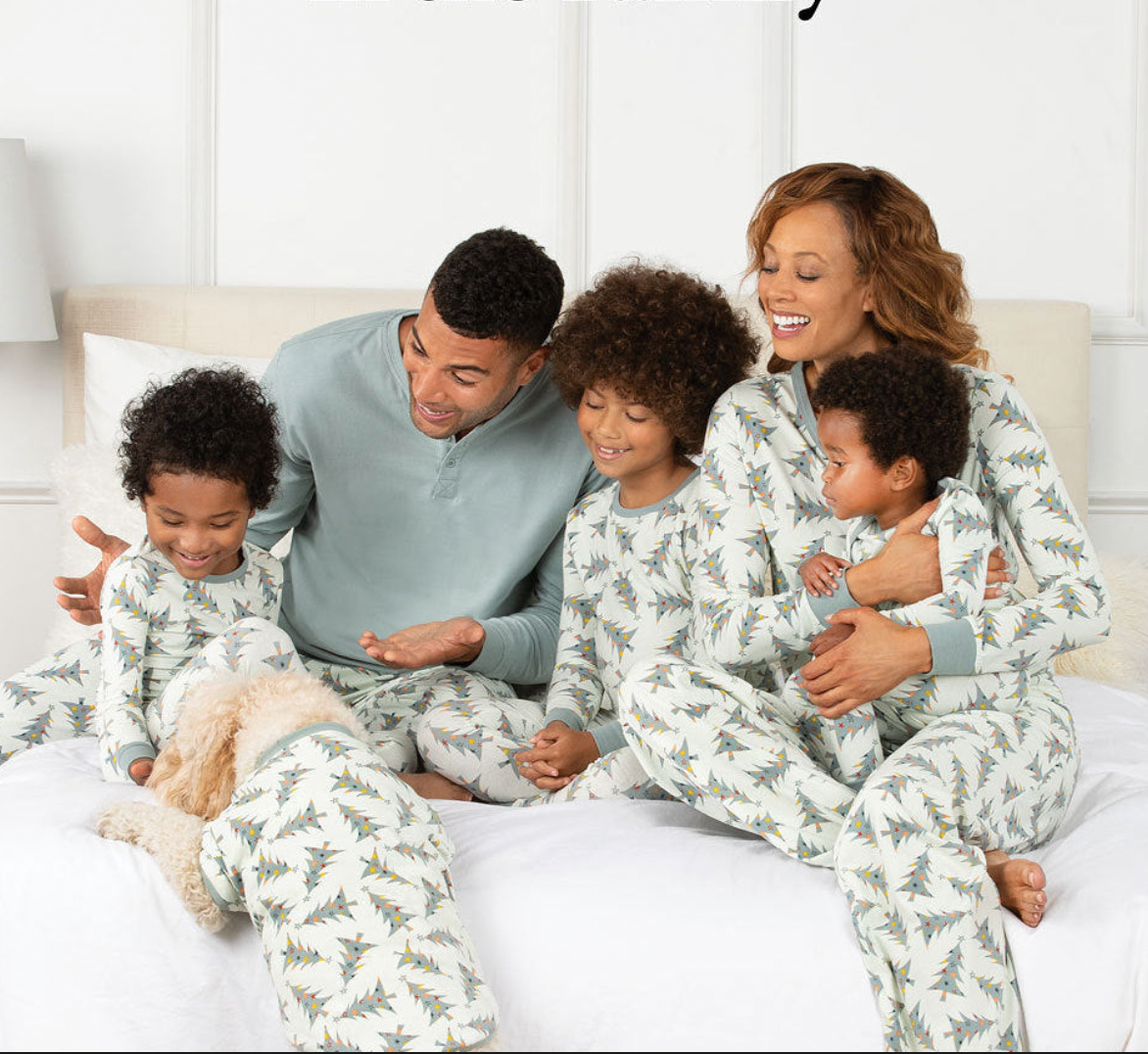 Holly Trees Christmas Pajamas Flat Lay – Complete Matching Family and Dog Set