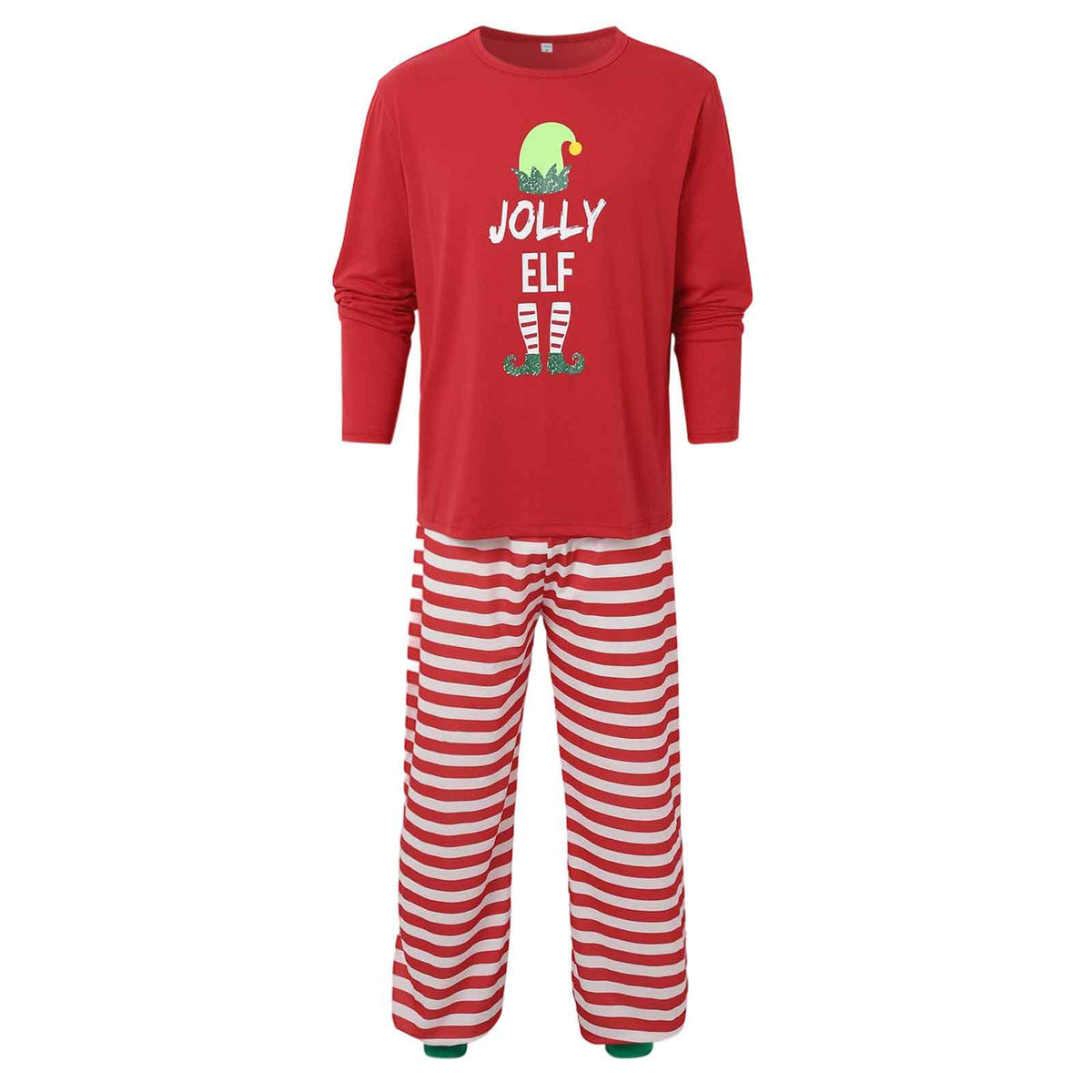 Maglia rossa a maniche lunghe del pigiama Jolly Elf e pantaloni a righe rosse e bianche con bordi verdi alle caviglie, su sfondo bianco.