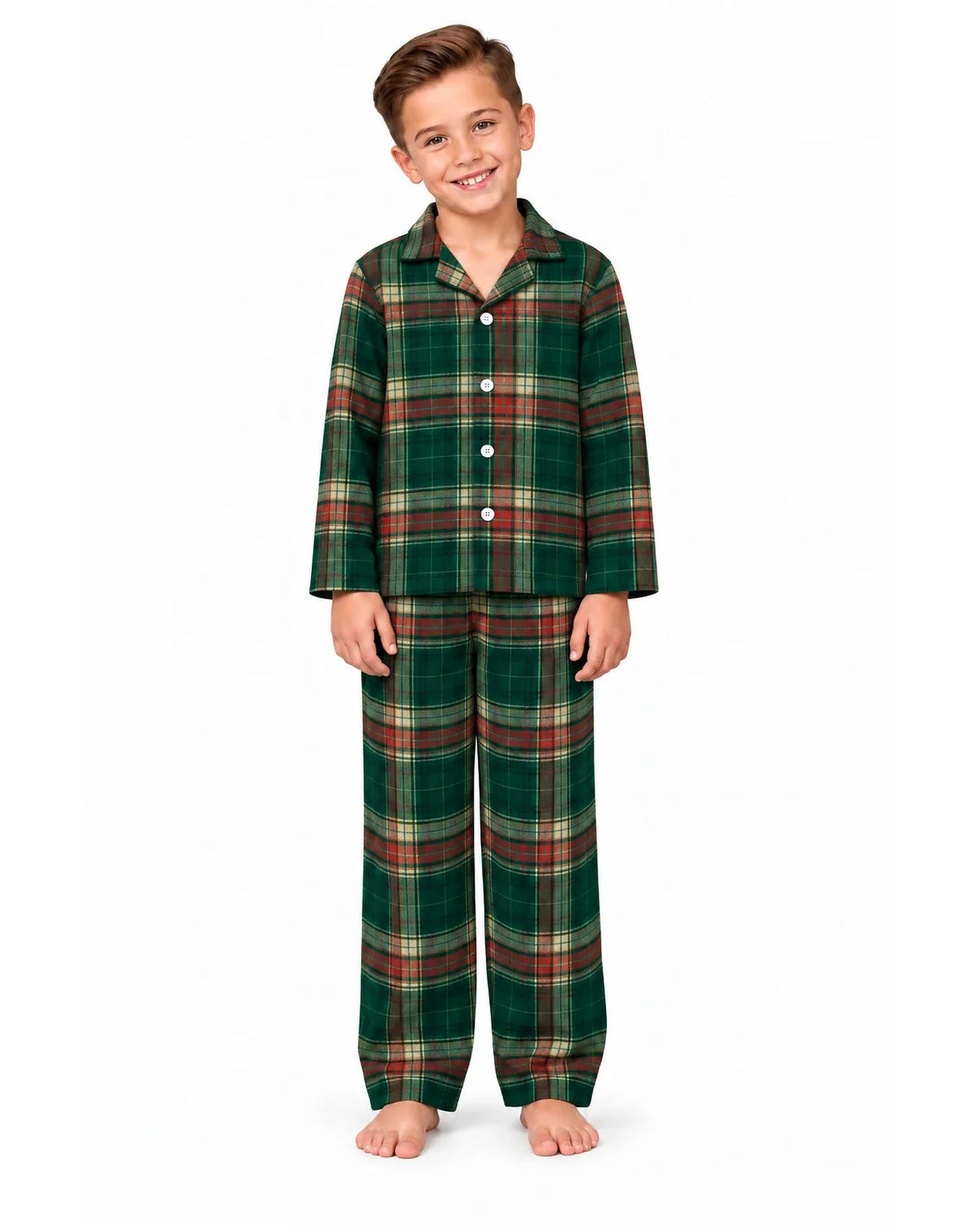 Boy wearing a light green tartan collared pajama shirt and matching pants, front view.