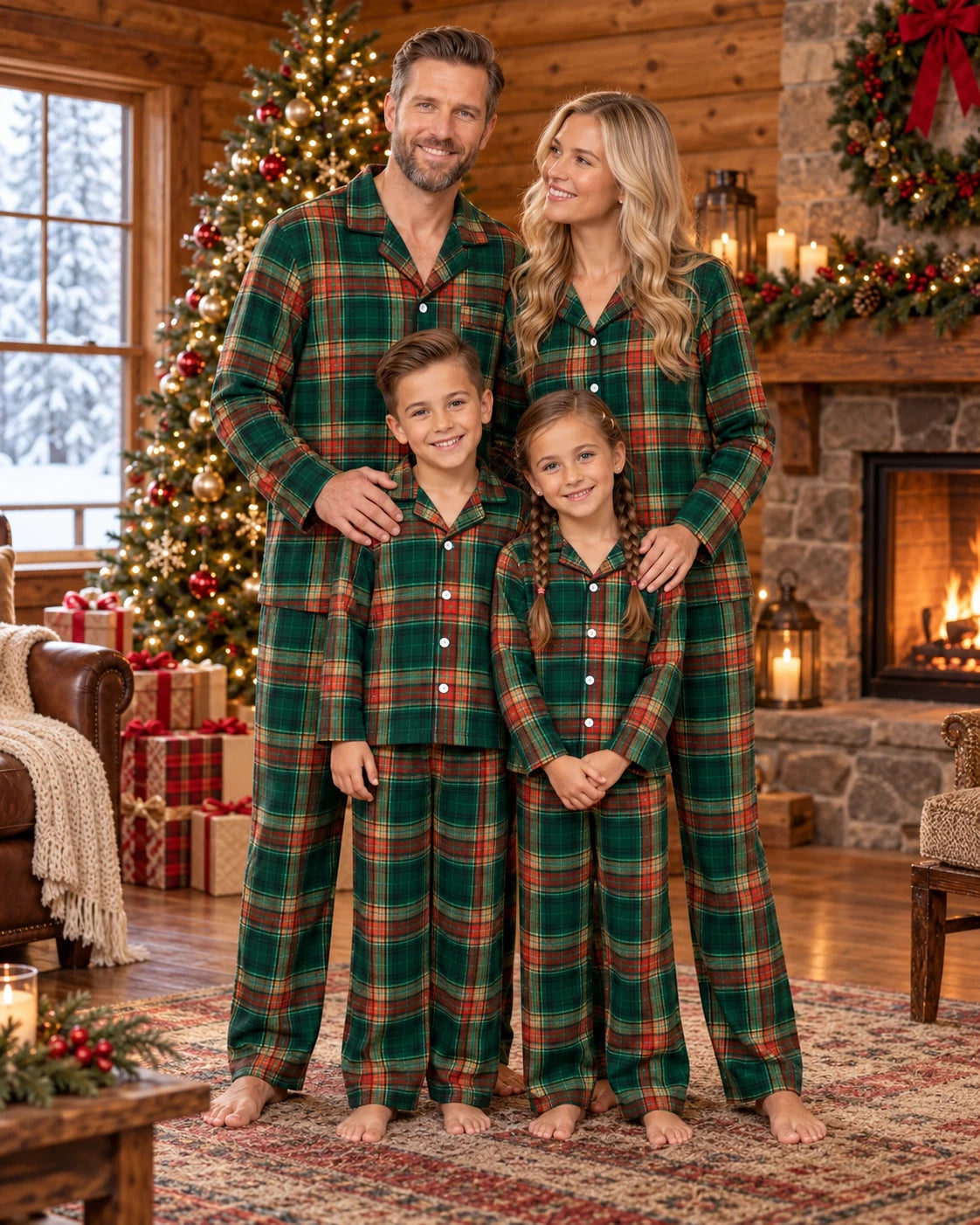 Family of four in light green tartan pajamas beside a Christmas tree and cabin fireplace.