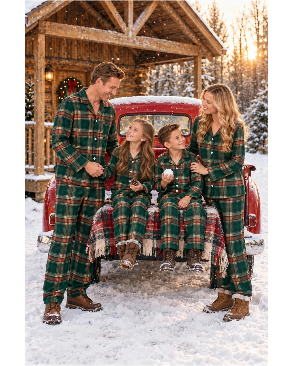 Family in light green tartan pajamas gathered at a red truck tailgate outside a snowy cabin.