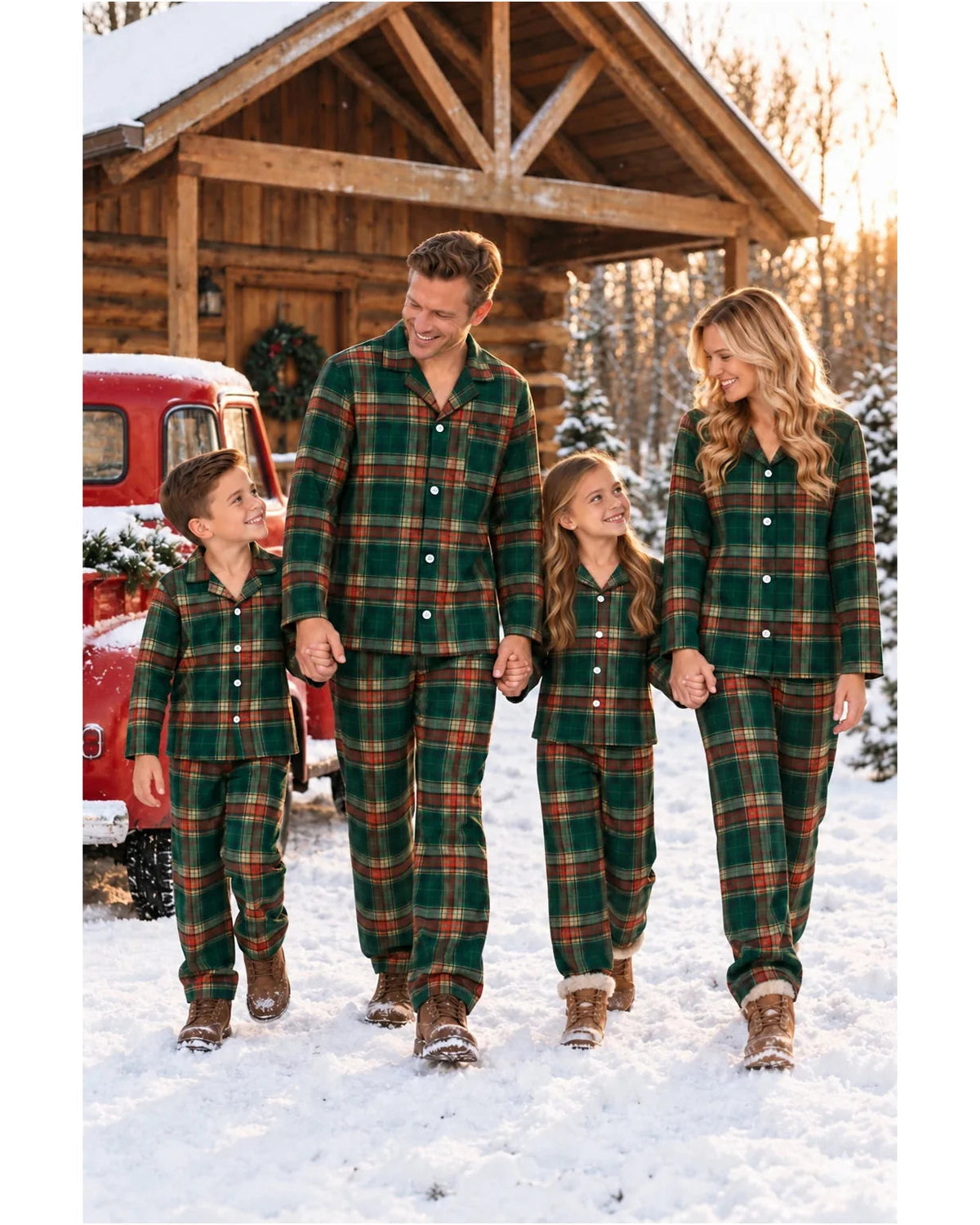 Family wearing light green tartan pajamas walking in the snow beside a red truck and wooden cabin.
